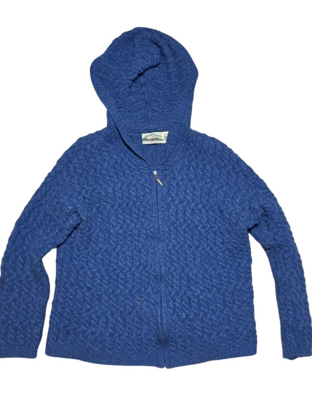 Aran Crafts Ireland Women’s Sweater Zip Front Cardigan Hood Merino Wool XL Blue